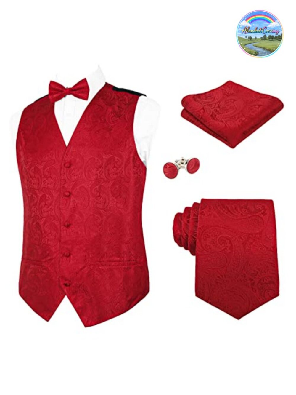 Mens 5pc Paisley Vest Tie Bow Tie Pocket Square Cufflinks Formal Set